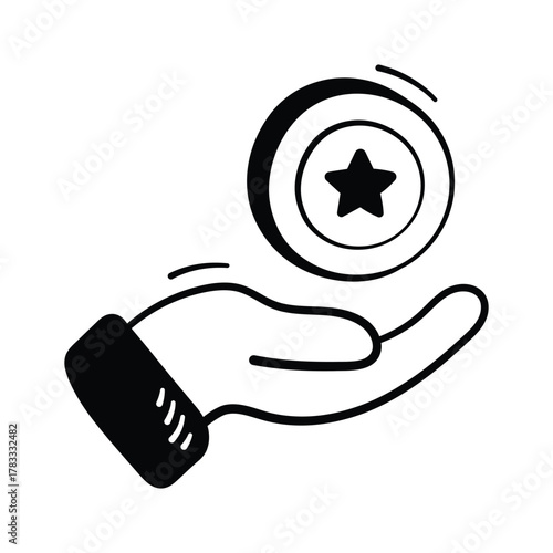 Hand holding a badge, point symbolizing loyalty points, modern icon