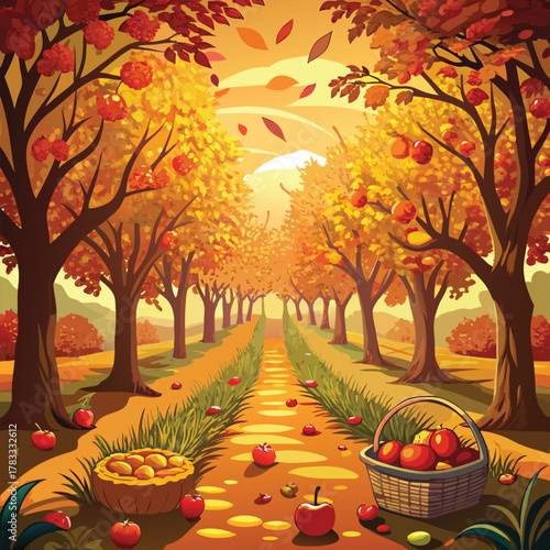 Autumn apple orchard pathway with fallen apples and pie
