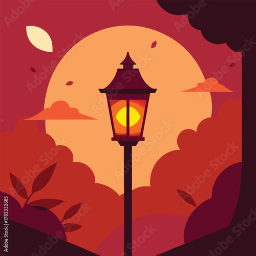 Autumn evening street lamp with large moon and falling leaves