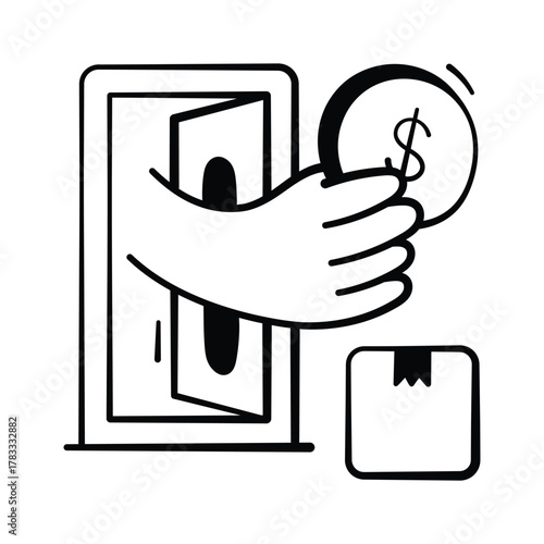 Cash on delivery hand drawn doodle icon in modern trendy style