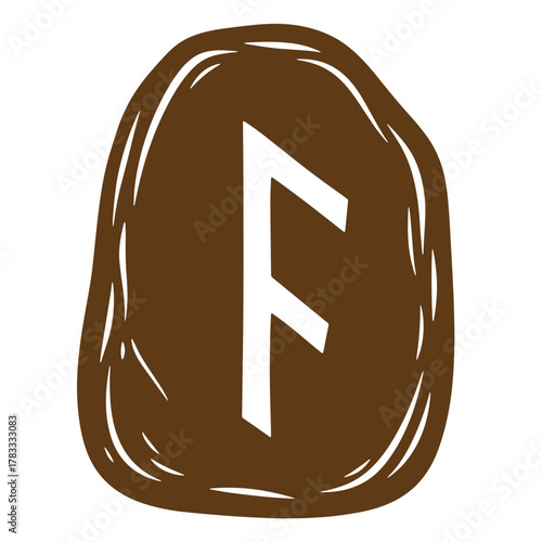 Illustration of the fehu rune carved in stone a symbol of wealth and abundance vintage art