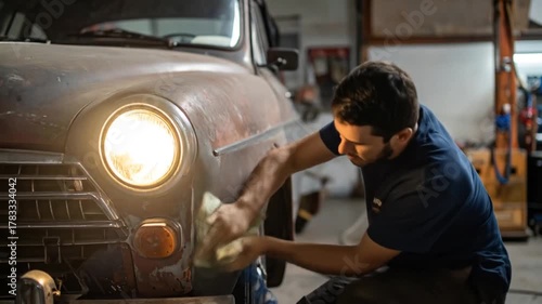 Man Polishing Classic Car in Garage, Restoration Process