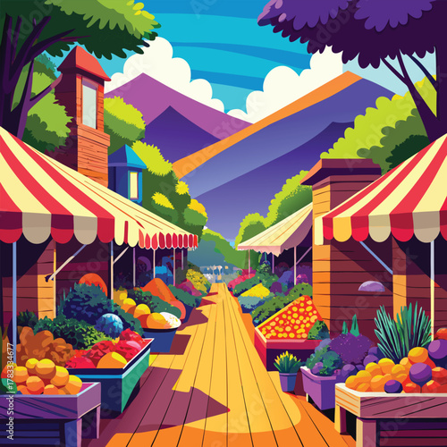 Bustling Outdoor Market with Produce and Mountains in Background Keywords: outdoor market, street
