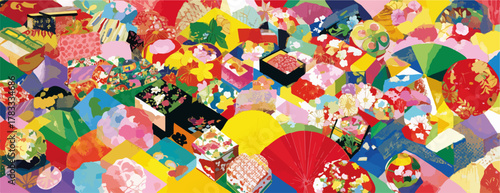 Illustrazione vettoriale di ventagli colorati sovrapposti che creano un motivo vibrante e dinamico, ideale per sfondi o elementi decorativi.