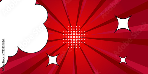 Pop art comic background with cloud and star. Cartoon Vector Illustration on RED