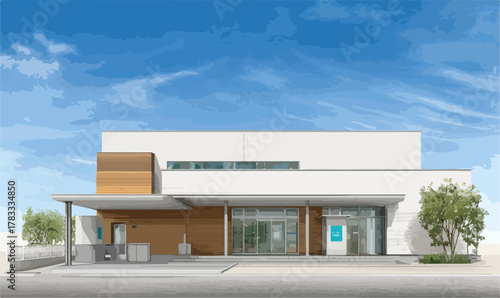 Illustrazione vettoriale di un edificio moderno con un design minimalista, perfetto per presentazioni architettoniche e progetti di design urbano.