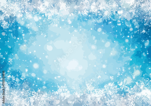 Effetto acquerello di fiocchi di neve e particelle luminose su sfondo blu ghiaccio, vettore artistico.