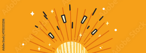 Un sole stilizzato irradia luce e scintille su uno sfondo arancione vibrante.