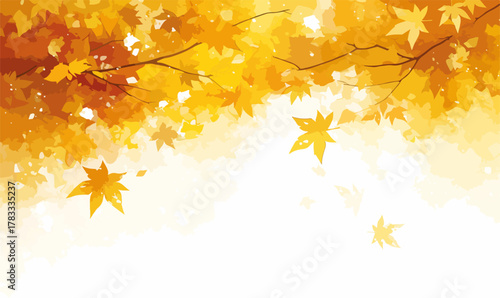 Foglie autunnali dorate fluttuano dolcemente su un ramo con uno sfondo luminoso.