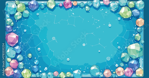 Cornice di gemme colorate e scintillanti incornicia uno spazio vuoto su sfondo acquatico