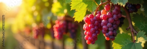 Sunlight streams through leaves onto a bountiful harvest of ripe, red grapes hanging heavy on a mature grapevine The clusters gleam with juice, ready for picking and winemaking , foliage, nature