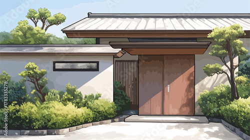 Ingresso moderno di una casa giapponese con giardino curato e alberi bonsai.