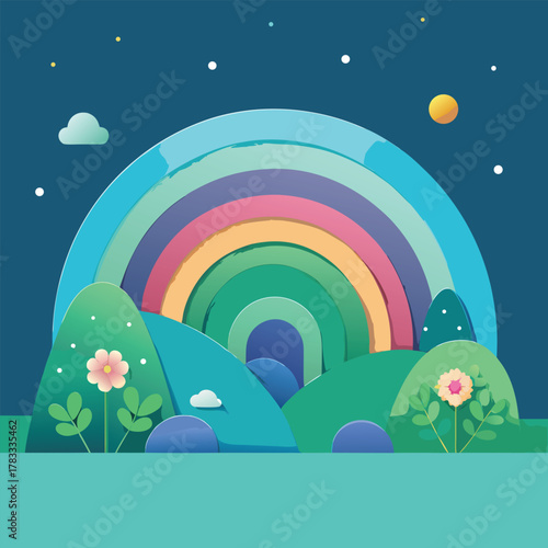 Dreamy daytime landscape with rainbow and flowers clouds