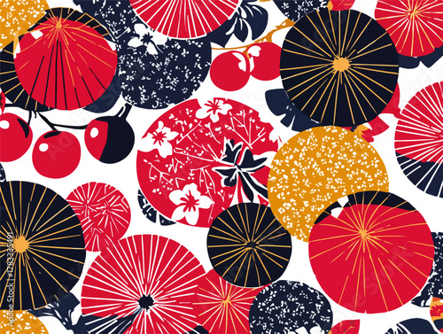 Elegante motivo floreale vettoriale con cerchi e fiori in stile giapponese, ideale per tessuti, carta da parati e design creativi.