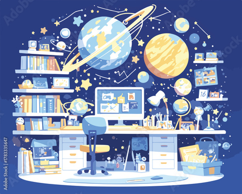 Illustrazione vettoriale di una scrivania piena di libri e oggetti celesti, un ambiente creativo e stimolante per l'apprendimento e la scoperta.
