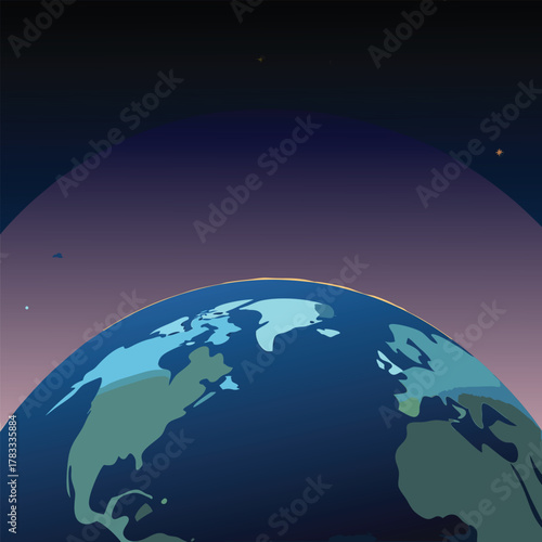 Earth from space with purple twilight sky and stars Keywords: earth, planet, space, atmosphere