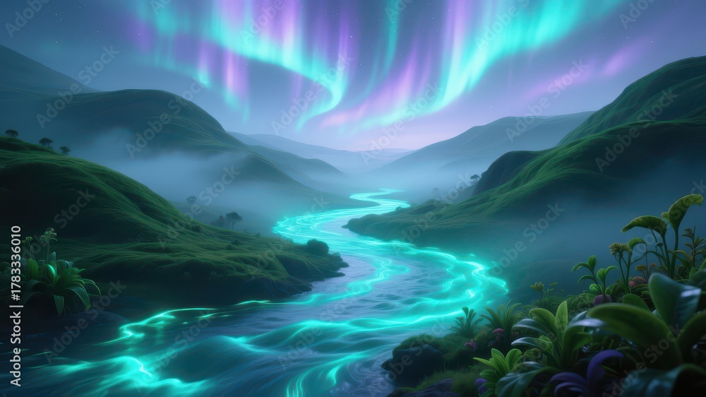 Fototapeta premium Aurora borealis over glowing river, fantasy landscape with northern lights, misty hills, and magical night sky