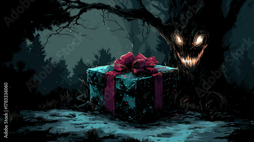 Scary Christmas Gift Box Vector Illustration, Horror Concept, Ideas