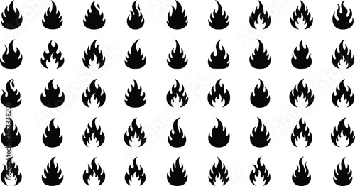 Black fire icons collection, flame symbols set, burning heat illustration, vector silhouette design, energy and hot element graphic for artwork
