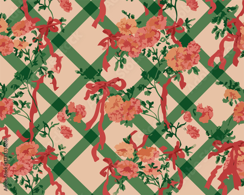 Elegante motivo floreale senza cuciture con rose e fiocchi rossi su sfondo a quadri verdi, perfetto per tessuti e decorazioni.