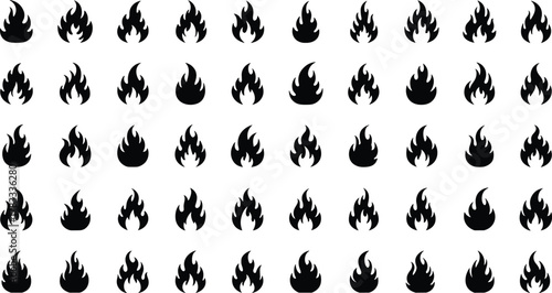 Black flame icons set, fire symbols collection, burning energy illustration, heat element graphics, silhouette flames design for digital artwork, vector style