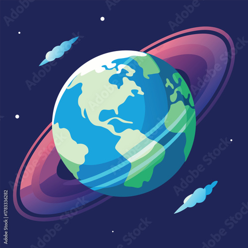 Earth globe with colorful rings in deep space planet