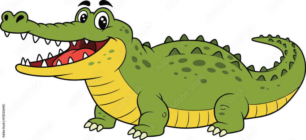 Obraz premium Cartoon crocodile illustration, smiling green reptile, friendly animal character, kids book artwork, playful alligator drawing, educational mascot design, fun sketch