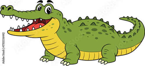 Cartoon crocodile illustration, smiling green reptile, friendly animal character, kids book artwork, playful alligator drawing, educational mascot design, fun sketch