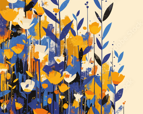 Un'illustrazione vettoriale vibrante che cattura la bellezza di un campo fiorito con tocchi di colore audaci e pennellate espressive.