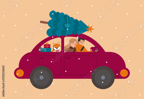 Vector illustration with flat character of man, woman and dog. Boy drives red funny car with christmas tree , gift boxes and cute pet. Girl sits and smiles. Siba Inu has orange fur and golden bell