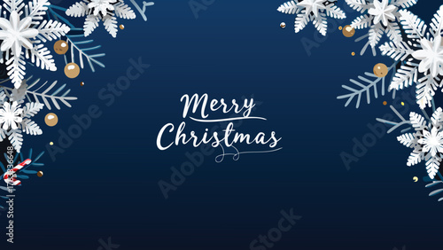 Elegant merry christmas greeting with festive snowflakes ornaments and pine branches on a deep blue background