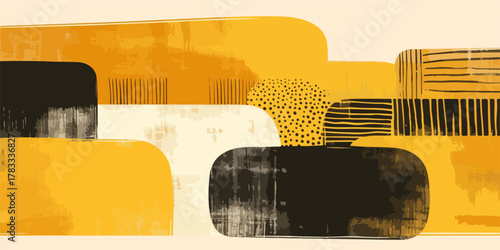 Composizione astratta con forme organiche e texture grafiche in tonalità ocra e nero