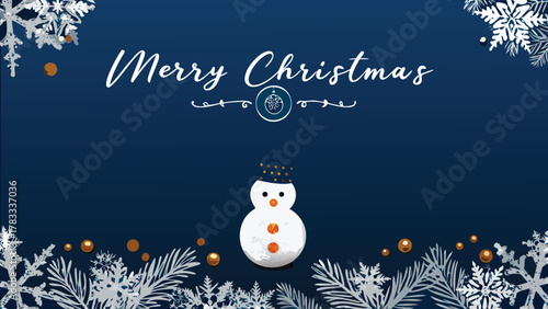 Charming snowman with merry christmas greeting and festive snowflakes on a deep blue background