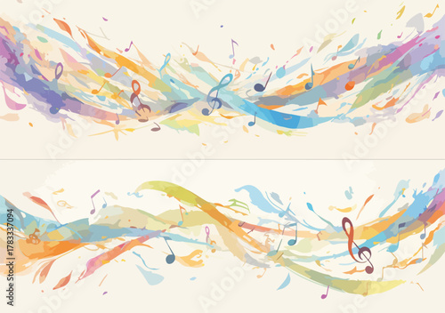 Elegante composizione astratta con pennellate di acquerello colorate e note musicali fluttuanti, perfetta per sfondi creativi e design artistici.