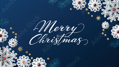 Elegant merry christmas greeting with delicate snowflakes pine branches and golden beads on a deep blue background