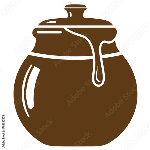 Vector illustration of a brown honey pot with lid and dripping honey vintage art