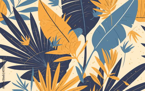 Un'illustrazione vettoriale vibrante di foglie tropicali in un design senza soluzione di continuità, ideale per sfondi e decorazioni.