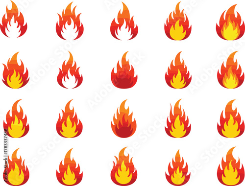 Flame icon grid, fire illustration set, burning symbols, stylized flames, heat concept, digital fire, red orange yellow blaze