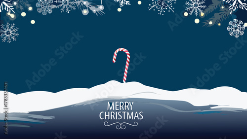 Festive merry christmas greeting card with a candy cane peeking out of the snow and snowflakes and lights above