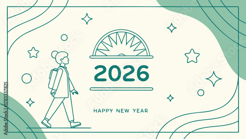 Minimalist illustration of a person walking towards the year 2026