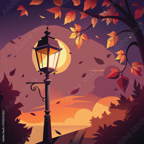 Evening park with street lamp, moon, and falling autumn leaves
