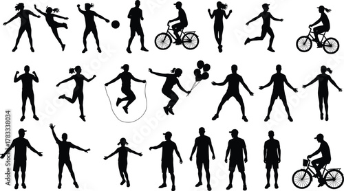 Silhouette activity set, human movement icons, physical exercise poses, recreational actions, fitness illustration, dynamic figures, sport symbols, active lifestyle