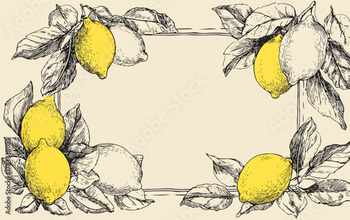 Elegante cornice vettoriale con limoni e foglie in stile vintage, perfetta per inviti, annunci o decorazioni dal sapore mediterraneo.