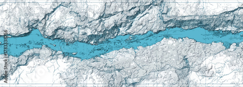 Visualizzazione astratta di un fiume che scorre tra montagne rocciose stilizzate in un disegno vettoriale.