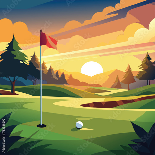 Golf course green with flag and ball at sunset golf ball