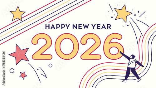 Happy new year 2026 festive celebration with stars and person