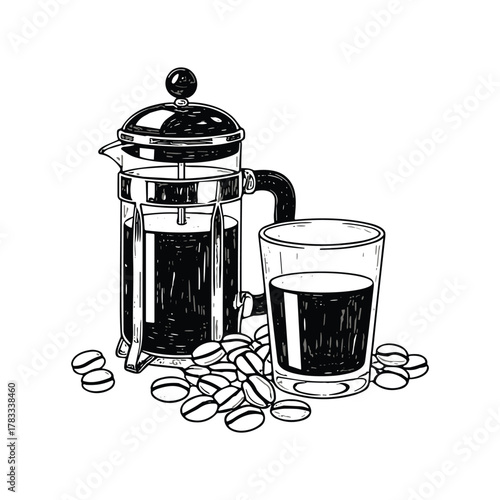 French Press Coffee Maker Vector. Hand Drawn Coffee Glass Beans Vector
