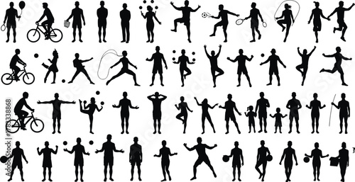 Sport silhouette set, fitness icons, athletic activity, physical exercise, dynamic movement, workout poses, sports people, health illustration, active lifestyle
