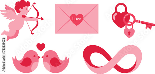 Romantic valentine's day symbols collection cupid birds heart lock infinity love elements
