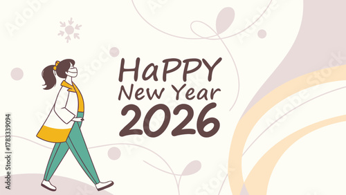 Happy new year 2026 celebration with masked person walking